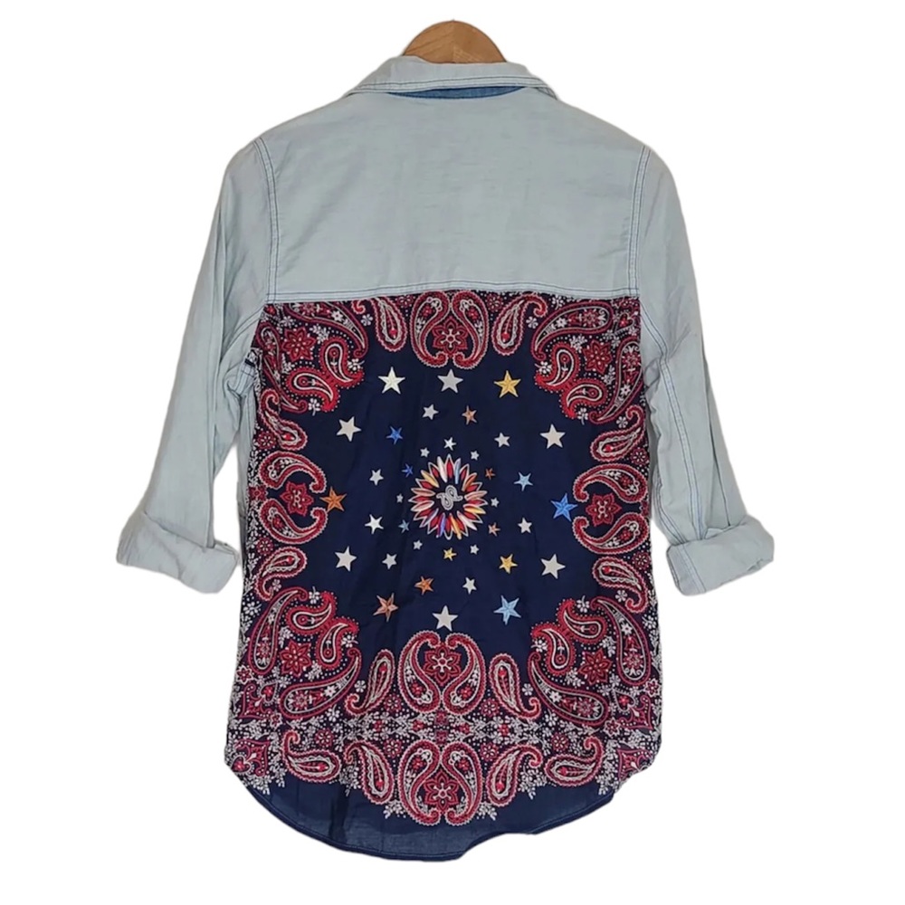 Free People Light Wash Denim Shirt with Navy Red Paisley Back